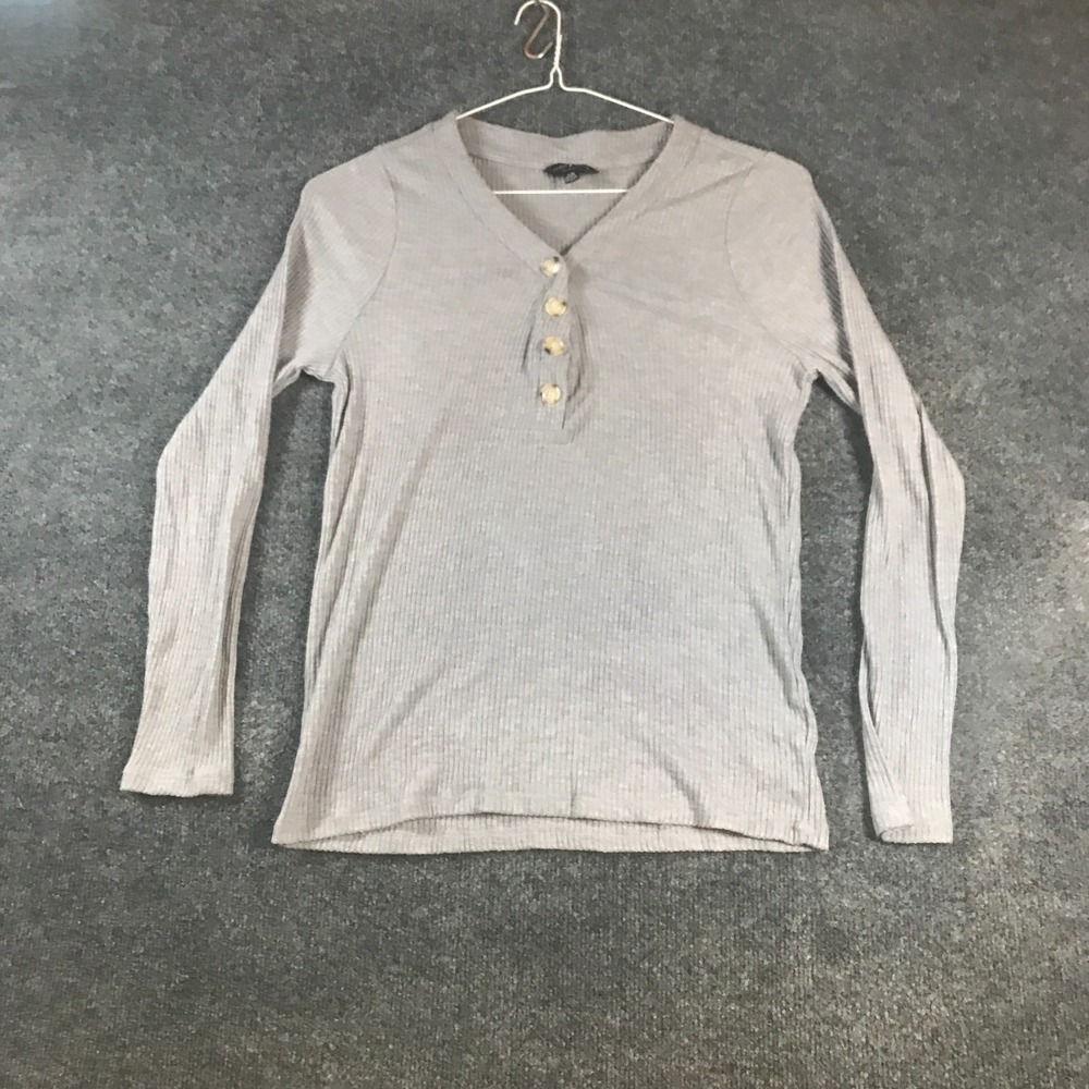 Lucky Brand Henley Top Women Large Gray Ribbed Knit Long Sleeve 3 Button Placket